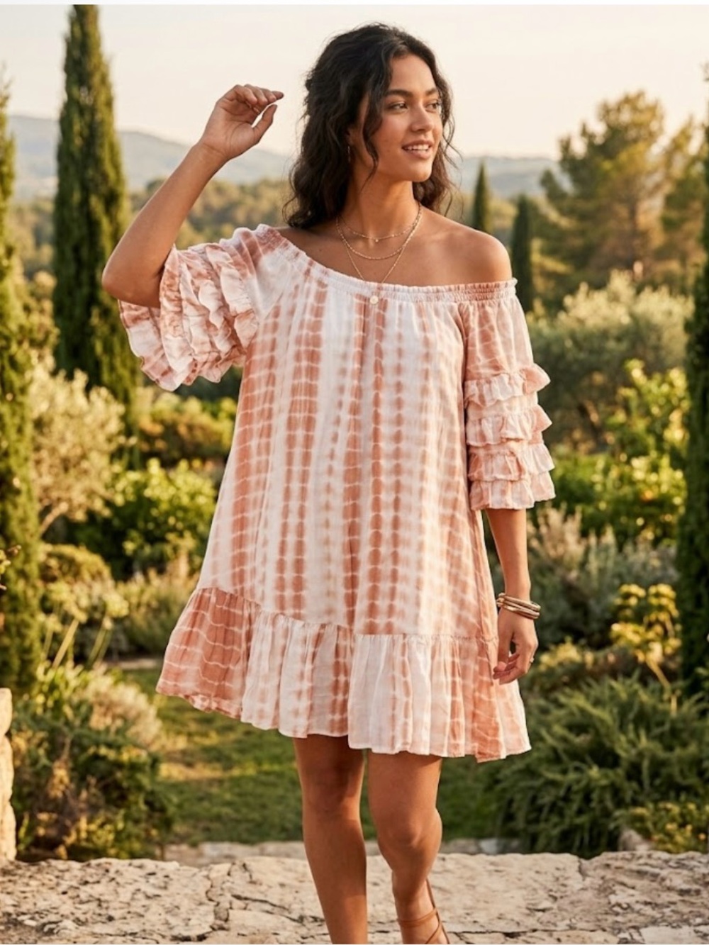Vici Blush Tie-Dye One-Shoulder Ruffle Mini Dress